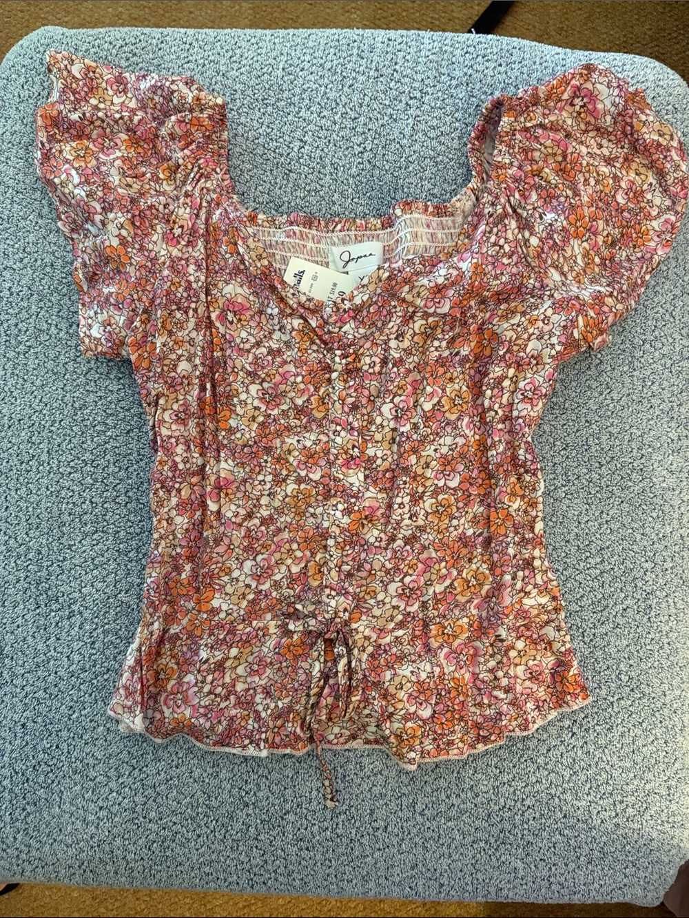Pink and Orange Floral Smocked Puff-Sleeve Blouse